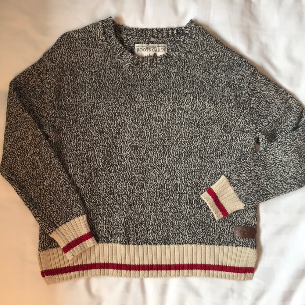 Roots Cabin Sweater iconic black/cream red trim crewneck EUC